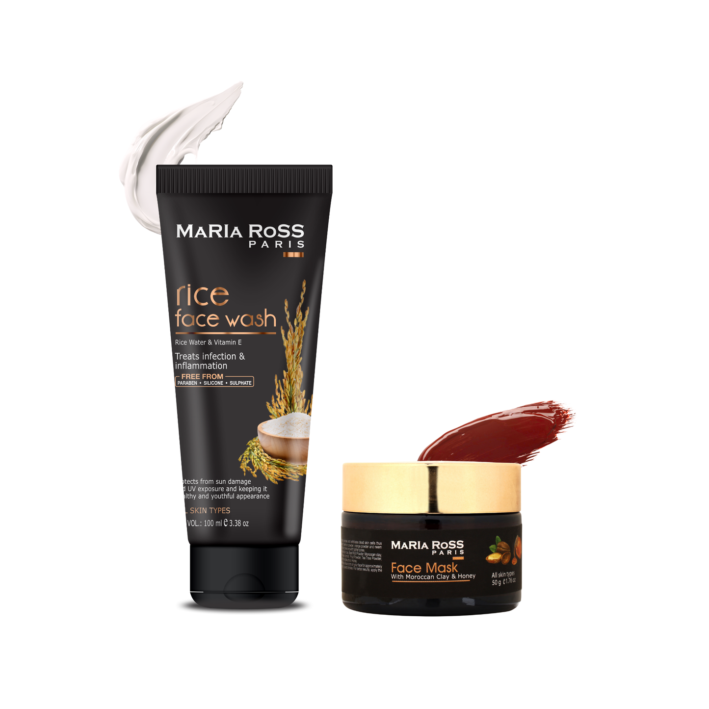 Maria Ross Rice Water Face Wash & Moroccan Clay Face Pack Combo | Skin Brightening, Oil Control & Deep Cleansing | Hydrating Glow Care | For All Skin Types | Pack of 2