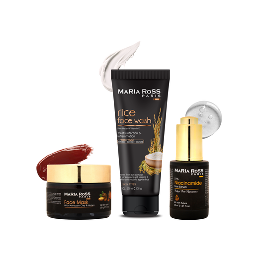 Maria Ross Rice Water Face Wash, Niacinamide 10% Serum & Moroccan Clay Face Pack Combo | Skin Brightening, Oil Control & Deep Cleansing Kit | Pore Minimizing & Glow Care | For All Skin Types | Pack of 3