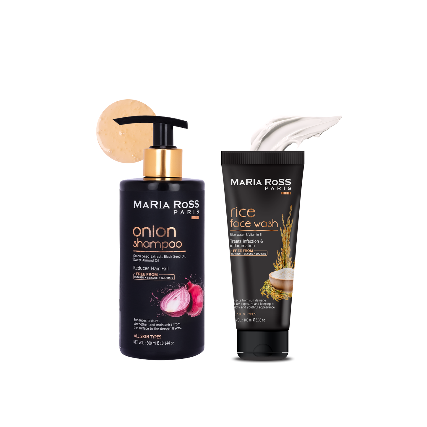Maria Ross Onion Shampoo & Rice Water Face Wash Combo | Hair Fall Control & Skin Brightening Care | Strengthening Shampoo & Hydrating Cleanser | For All Hair & Skin Types | Pack of 2