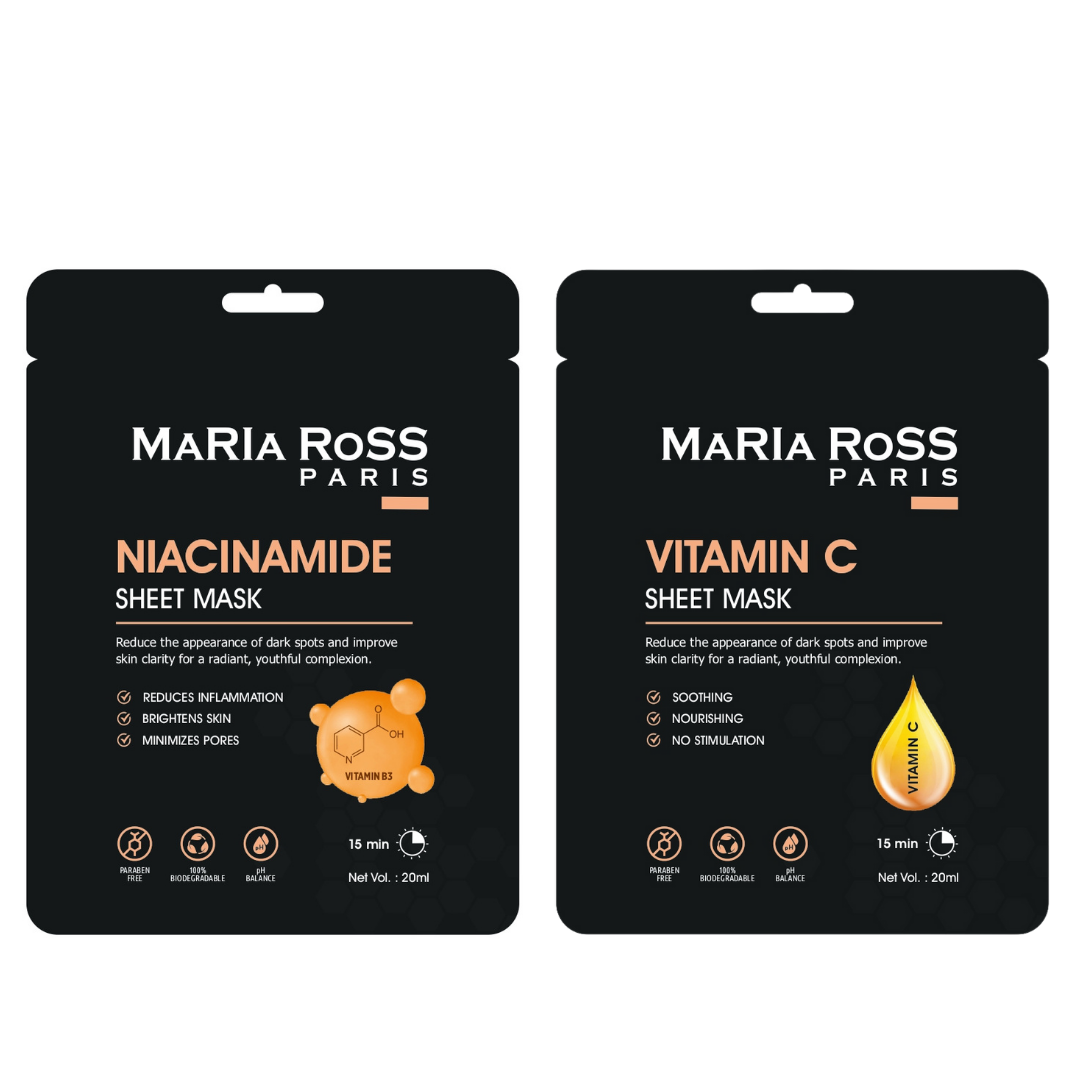 Combo Pack of 2 Sheet Masks: Niacinamide Sheet Mask (200ml) + Vitamin-C Sheet Mask (200ml)-Maria Ross Paris