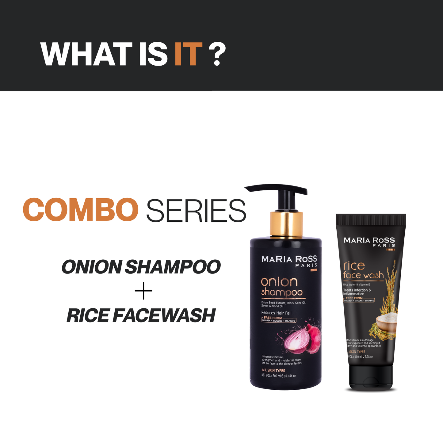 Maria Ross Onion Shampoo & Rice Water Face Wash Combo | Hair Fall Control & Skin Brightening Care | Strengthening Shampoo & Hydrating Cleanser | For All Hair & Skin Types | Pack of 2