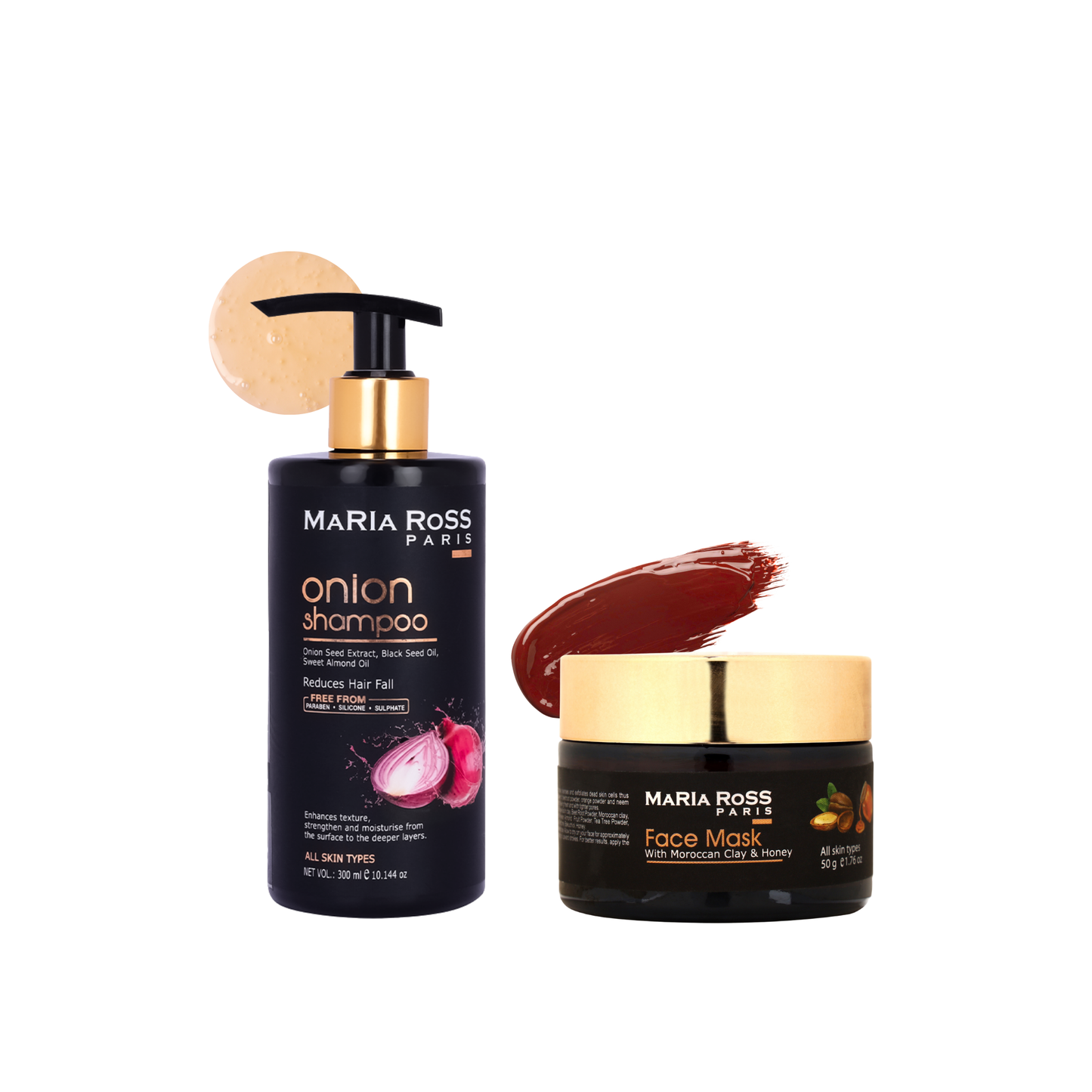 Maria Ross Onion Shampoo & Moroccan Clay Face Pack Combo | Hair Fall Control & Deep Skin Detox | Strengthening Shampoo & Oil Control Face Mask | Scalp Care & Pore Cleansing | Pack of 2