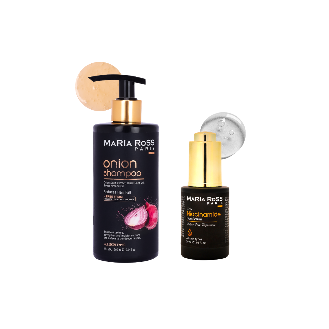 Maria Ross Onion Hair Fall Control Shampoo & Niacinamide 10% Face Serum Combo | Hair Strengthening & Oil Control Skincare | Anti Hair Fall Shampoo & Pore Minimizing Serum | Pack of 2