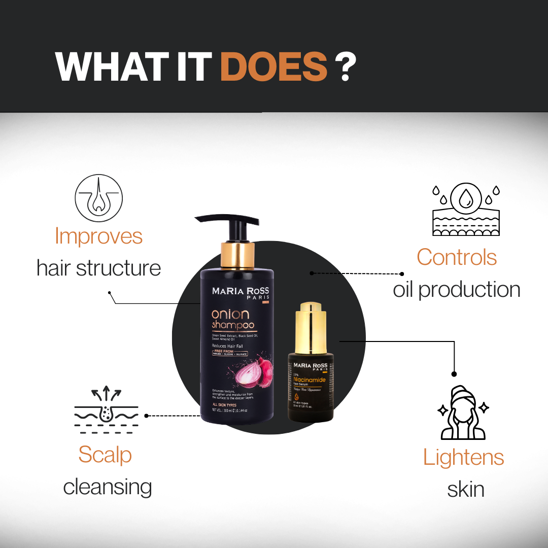 Maria Ross Onion Hair Fall Control Shampoo & Niacinamide 10% Face Serum Combo | Hair Strengthening & Oil Control Skincare | Anti Hair Fall Shampoo & Pore Minimizing Serum | Pack of 2