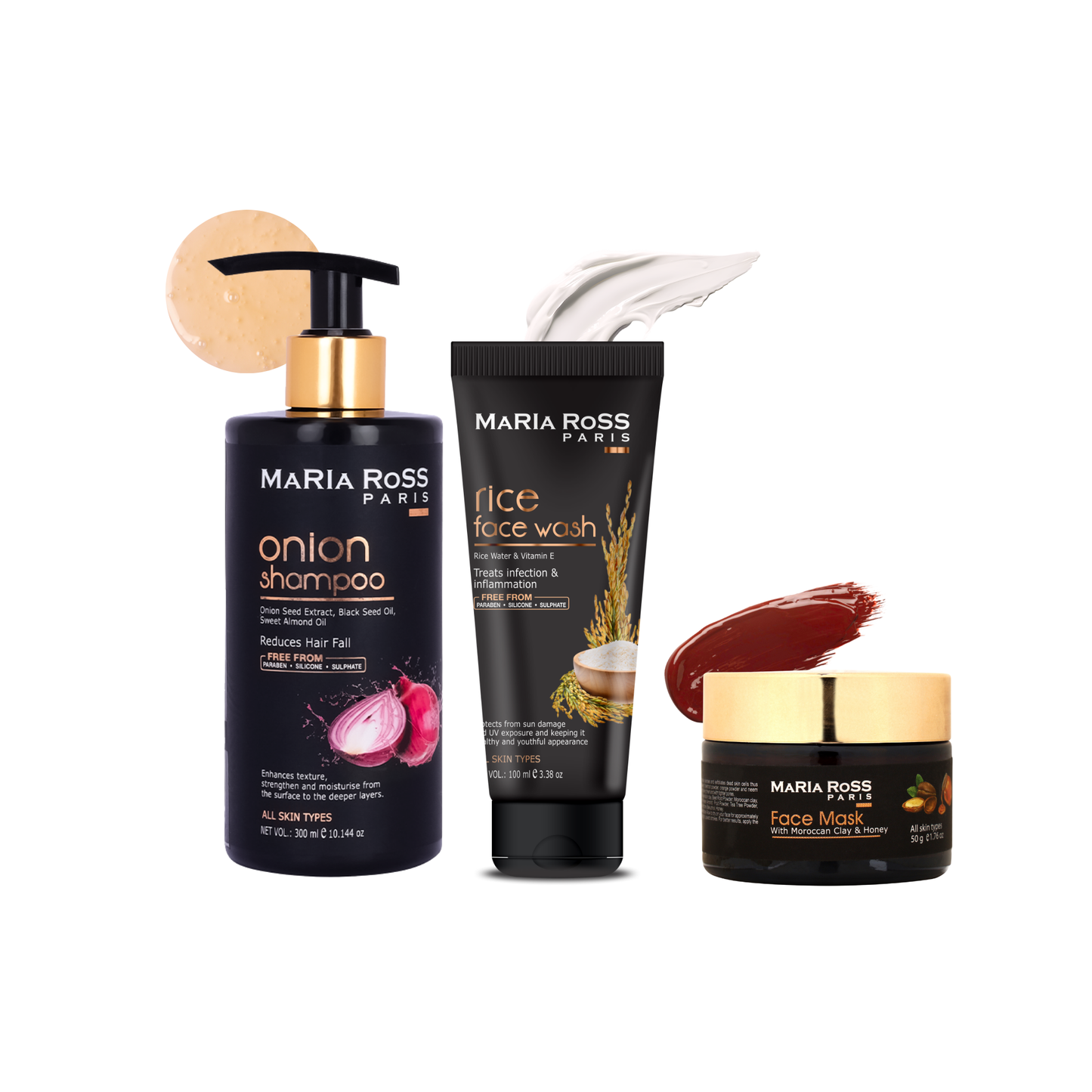 Maria Ross Onion Shampoo, Rice Water Face Wash & Moroccan Clay Face Pack Combo | Hair Fall Control, Skin Brightening & Deep Detox Kit | Oil Control, Pore Cleansing & Glow Care | Pack of 3