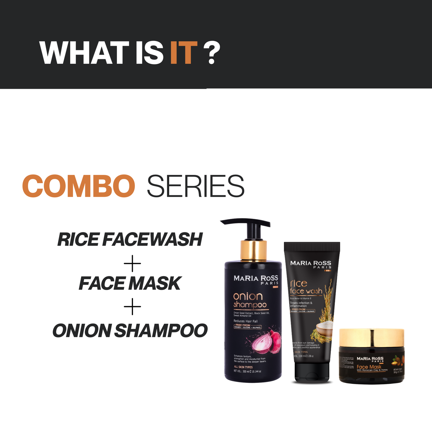 Maria Ross Onion Shampoo, Rice Water Face Wash & Moroccan Clay Face Pack Combo | Hair Fall Control, Skin Brightening & Deep Detox Kit | Oil Control, Pore Cleansing & Glow Care | Pack of 3