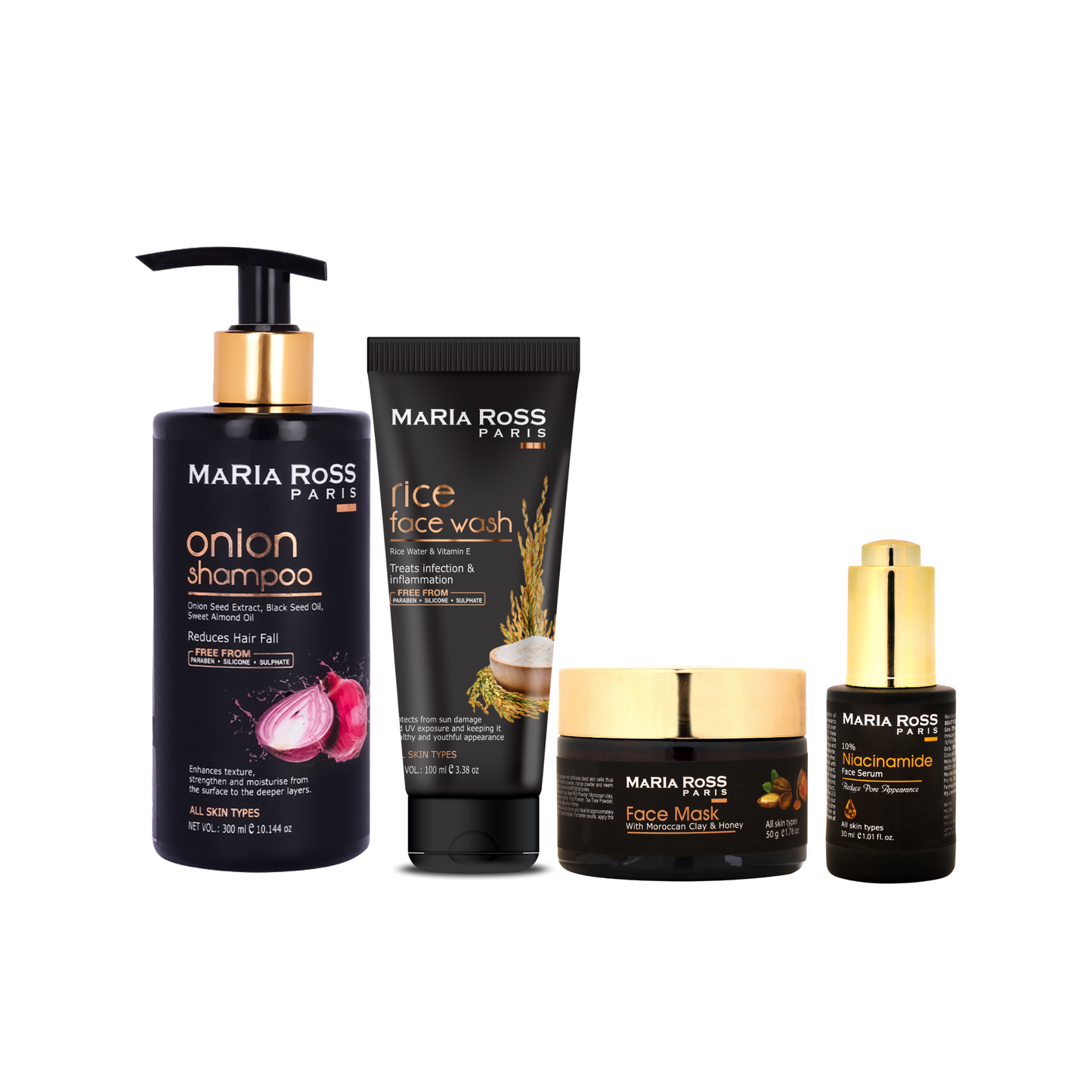 Maria Ross Ultimate Beauty Kit – Onion Shampoo, Rice Water Face Wash, Niacinamide 10% Serum & Face Pack Combo | Hair Fall Control, Skin Brightening & Deep Cleansing Routine | Pack of 4