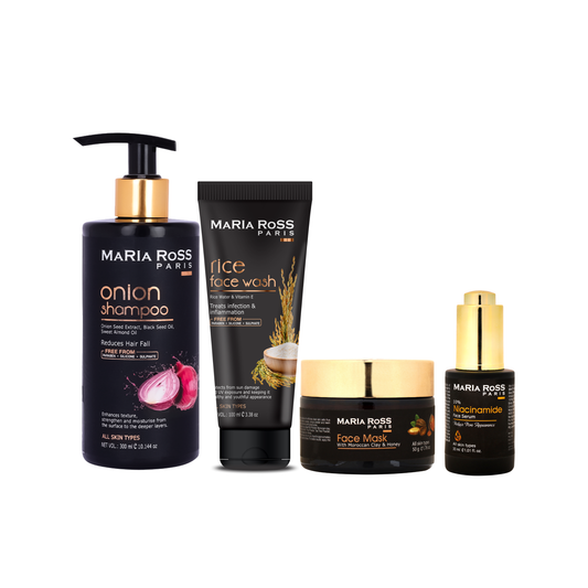 Maria Ross Ultimate Beauty Kit – Onion Shampoo, Rice Water Face Wash, Niacinamide 10% Serum & Face Pack Combo | Hair Fall Control, Skin Brightening & Deep Cleansing Routine | Pack of 4