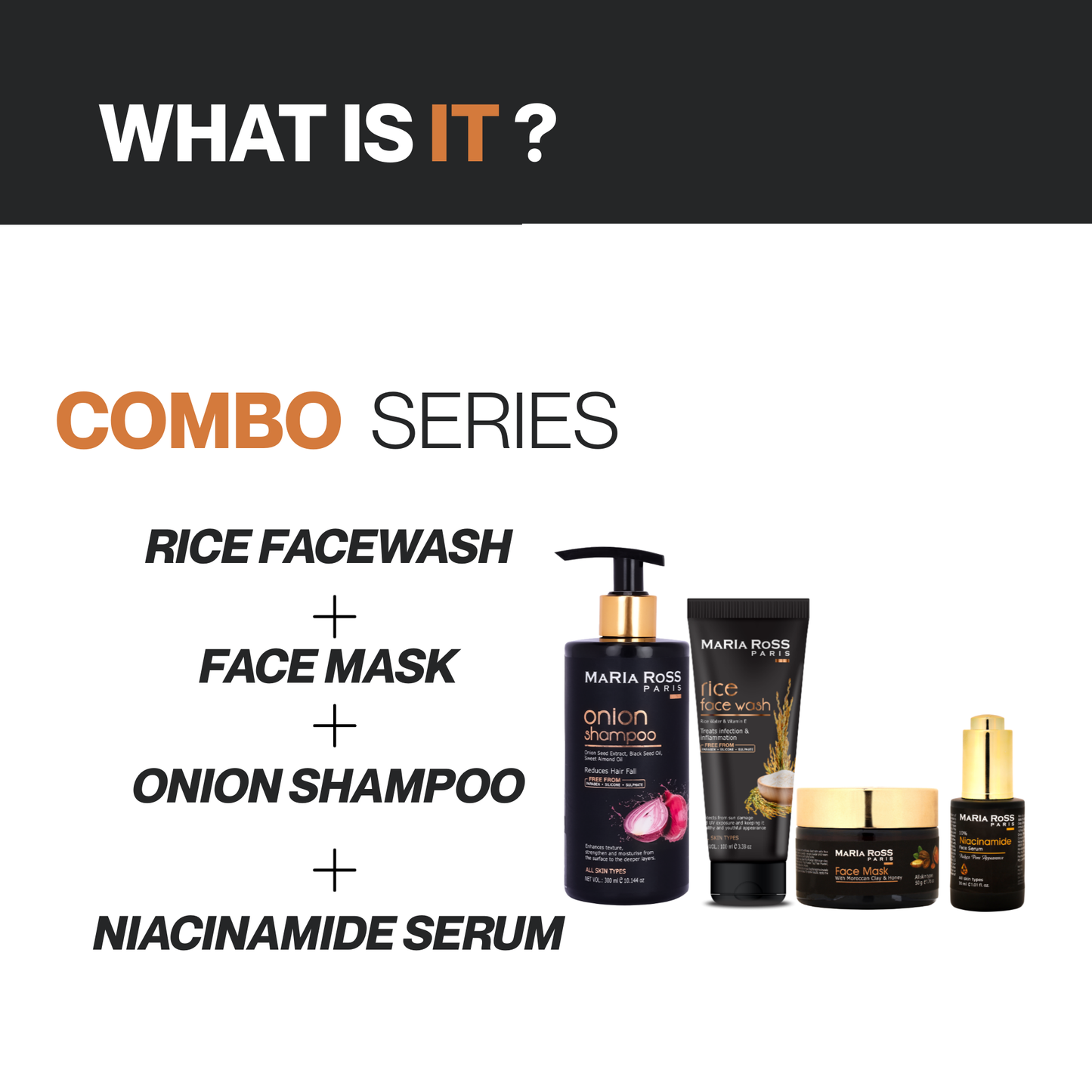 Maria Ross Ultimate Beauty Kit – Onion Shampoo, Rice Water Face Wash, Niacinamide 10% Serum & Face Pack Combo | Hair Fall Control, Skin Brightening & Deep Cleansing Routine | Pack of 4