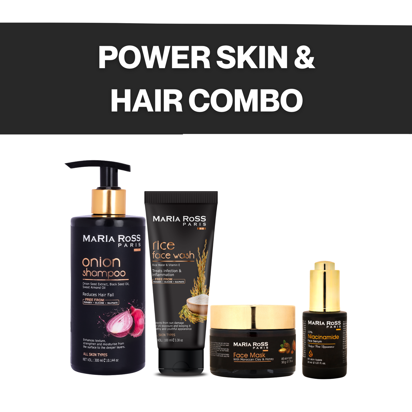 Maria Ross Ultimate Beauty Kit – Onion Shampoo, Rice Water Face Wash, Niacinamide 10% Serum & Face Pack Combo | Hair Fall Control, Skin Brightening & Deep Cleansing Routine | Pack of 4
