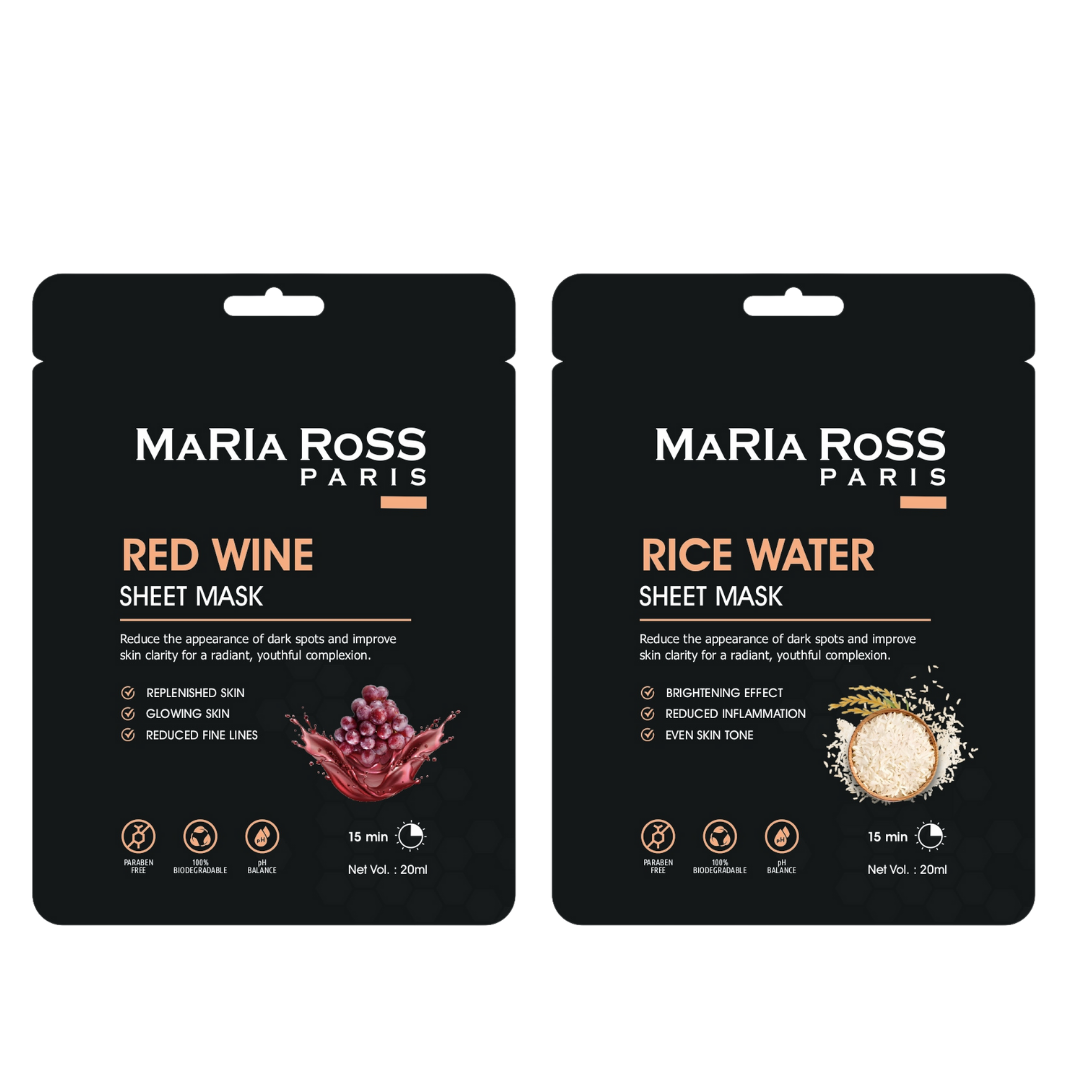 Combo Pack of 2 Sheet Masks: Red Wine Sheet Mask (200ml) + Rice Water Sheet Mask (200ml)-Maria Ross Paris