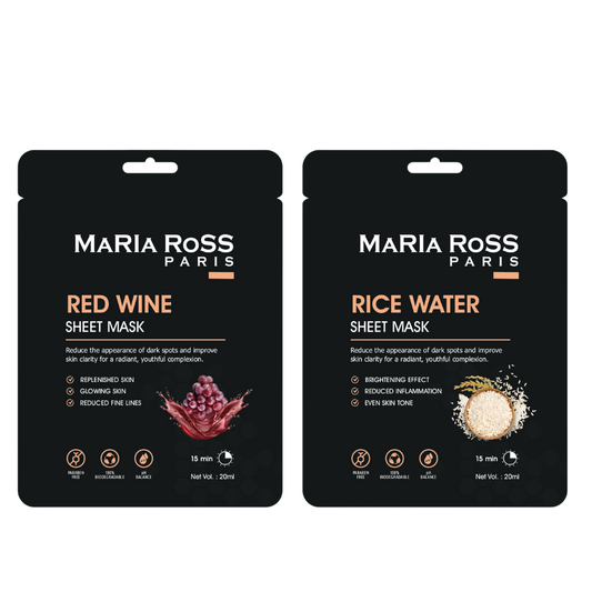 Combo Pack of 2 Sheet Masks: Red Wine Sheet Mask (200ml) + Rice Water Sheet Mask (200ml)-Maria Ross Paris