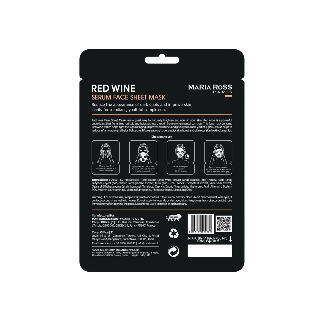 Combo Pack of 2 Sheet Masks: Red Wine Sheet Mask (200ml) + Rice Water Sheet Mask (200ml)-Maria Ross Paris