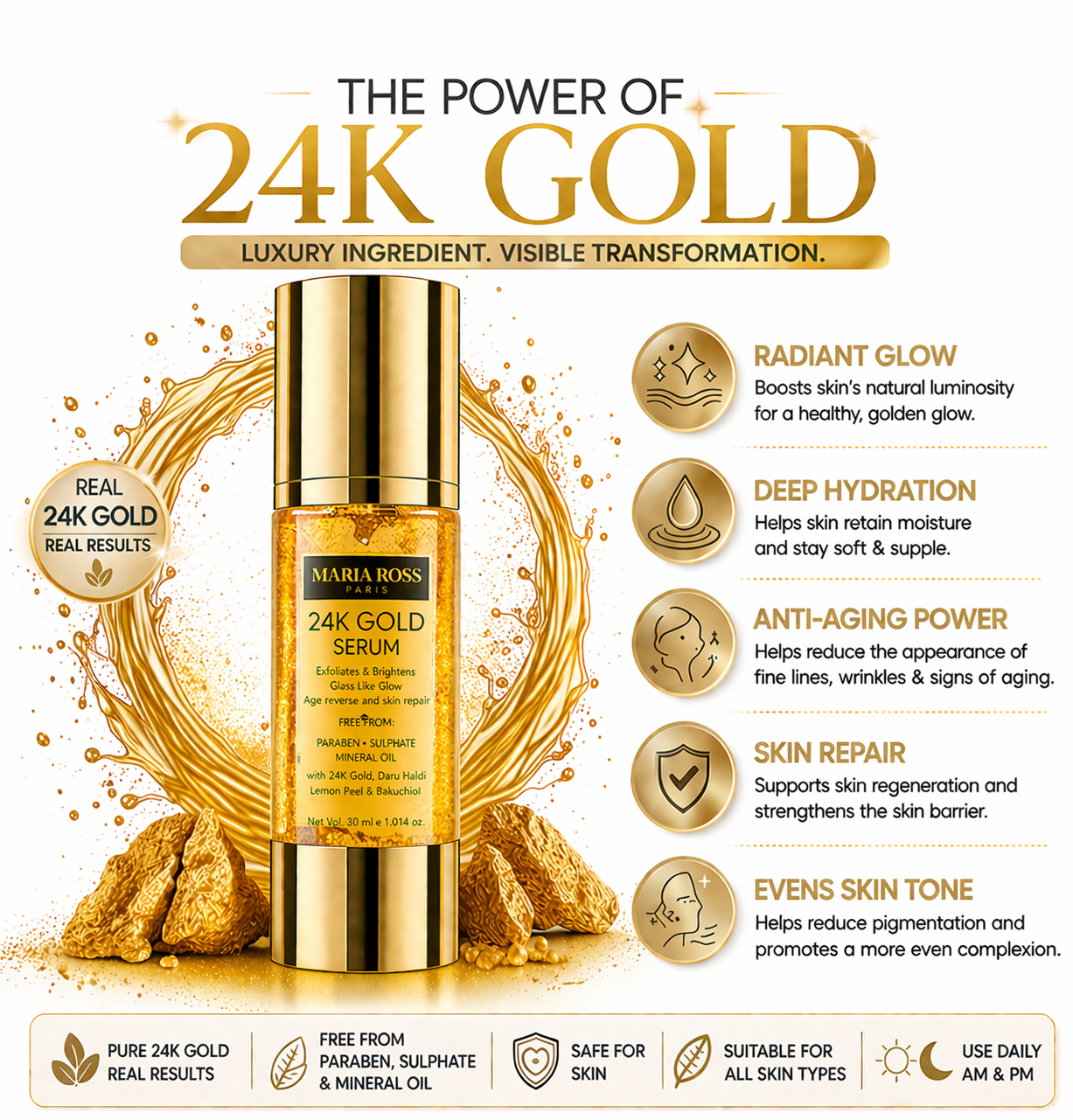 24K Gold Face Serum - 30ml || Luxurious Glow | Anti-Aging Benefits | Revitalizes Skin