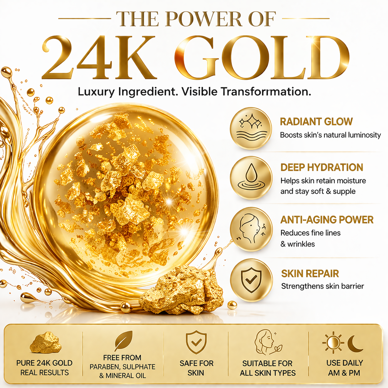24K Gold Face Serum - 30ml || Luxurious Glow | Anti-Aging Benefits | Revitalizes Skin