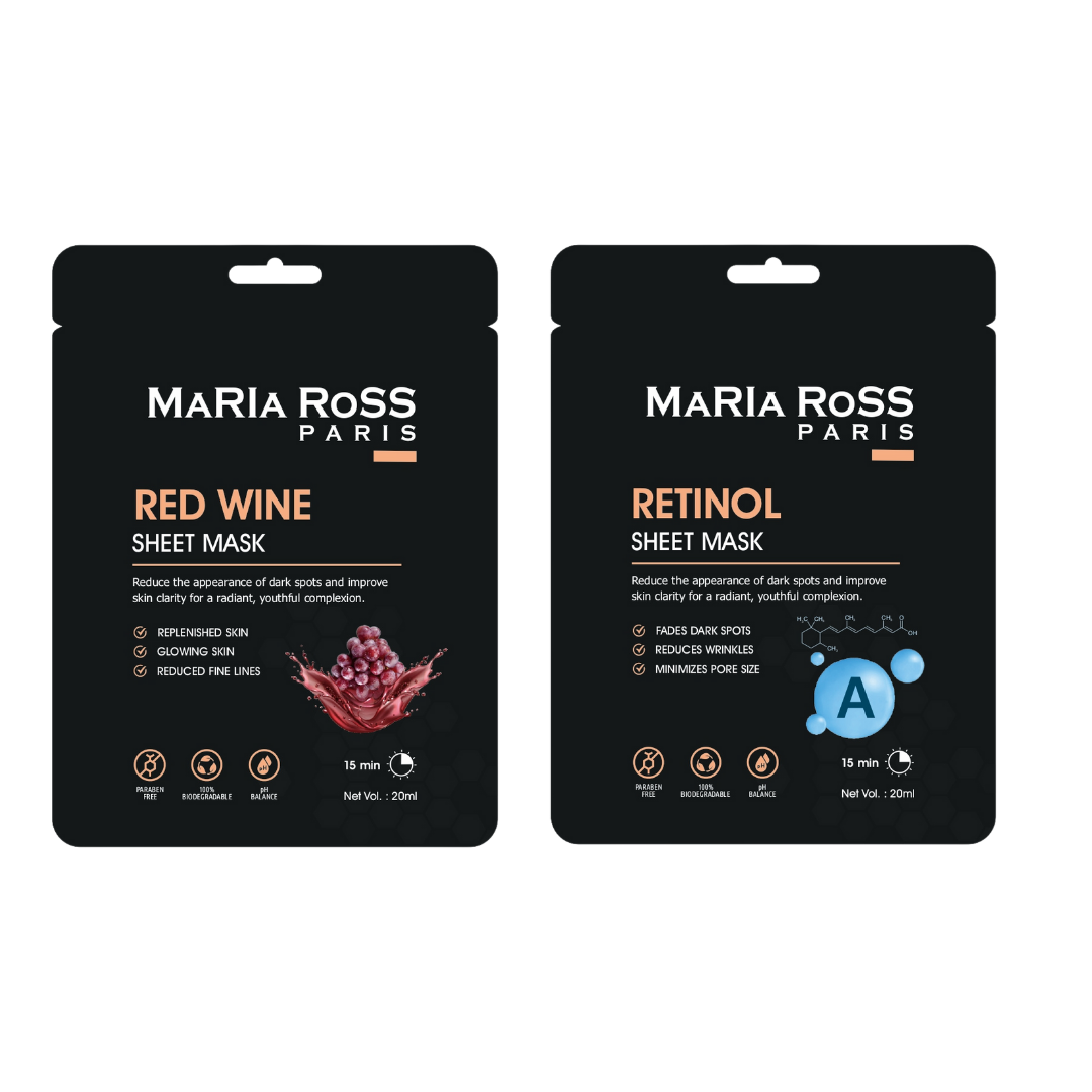 Combo Pack of 2 Sheet Masks: Red Wine Sheet Mask (200ml) + Retinol Sheet Mask (200ml)-Maria Ross Paris