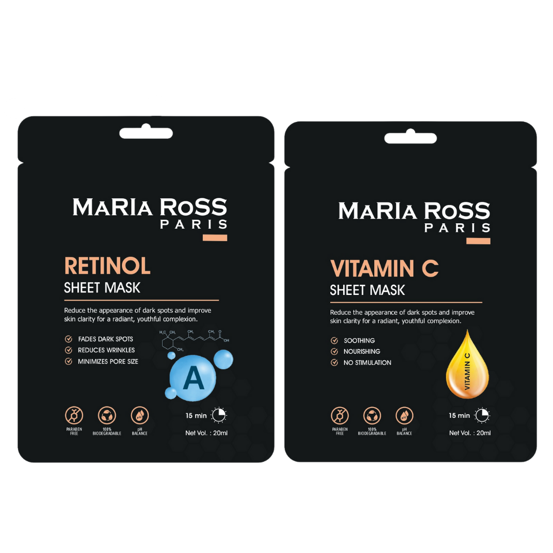 Combo Pack of 2 Sheet Masks: Retinol Sheet Mask (200ml) + Vitamin-C Sheet Mask (200ml)-Maria Ross Paris