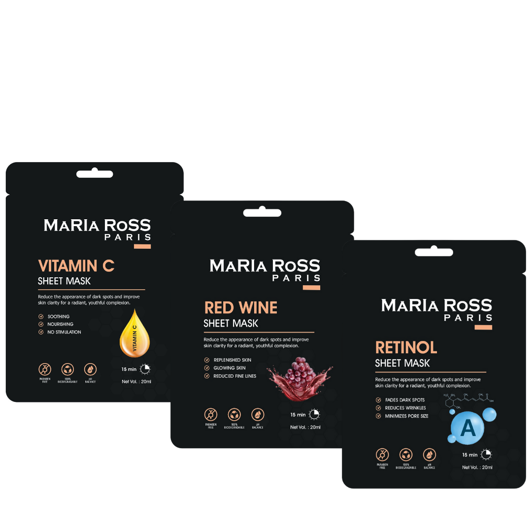Combo Pack of 3 Sheet Masks: Vitamin-C Sheet Mask (200ml) + Red Wine Sheet Mask (200ml) + Retinol Sheet Mask (200ml)-Maria Ross Paris