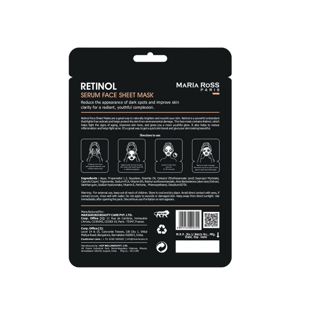 Combo Pack of 3 Sheet Masks: Vitamin-C Sheet Mask (200ml) + Red Wine Sheet Mask (200ml) + Retinol Sheet Mask (200ml)-Maria Ross Paris