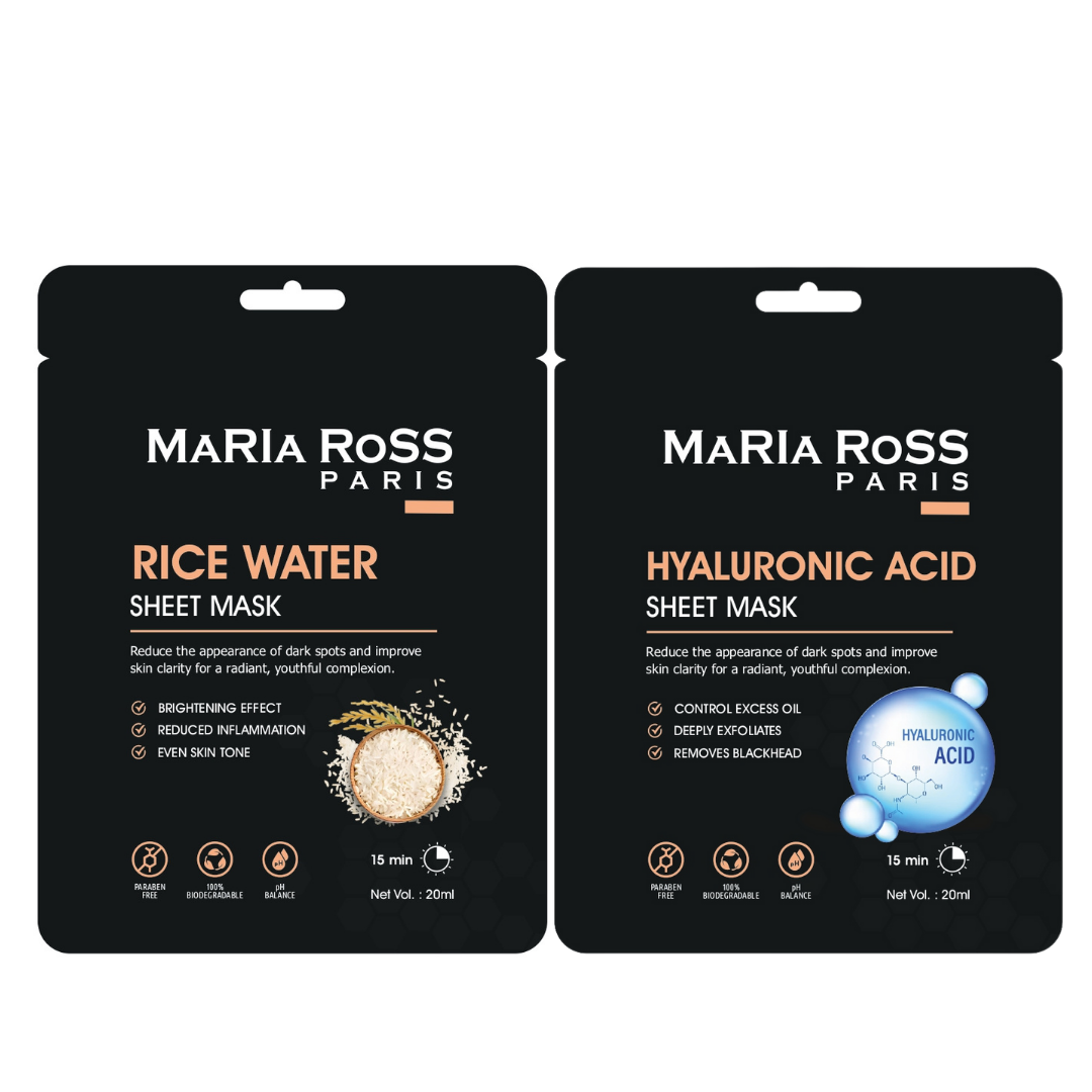 Combo Pack of 2 Sheet Masks: Rice Water Sheet Mask (200ml) + Hyaluronic Acid Sheet Mask (200ml)-Maria Ross Paris