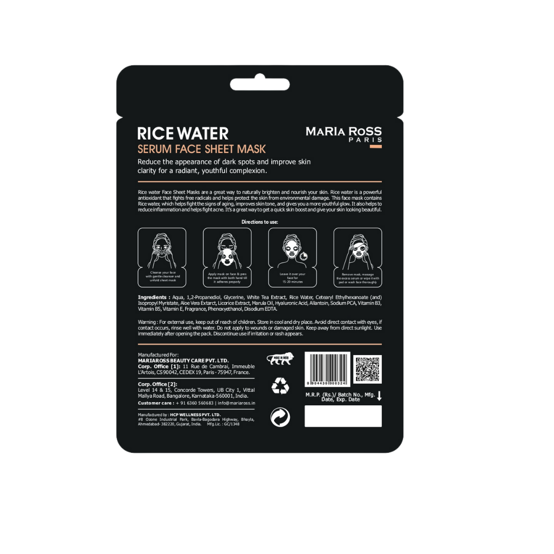 Combo Pack of 2 Sheet Masks: Rice Water Sheet Mask (200ml) + Hyaluronic Acid Sheet Mask (200ml)-Maria Ross Paris