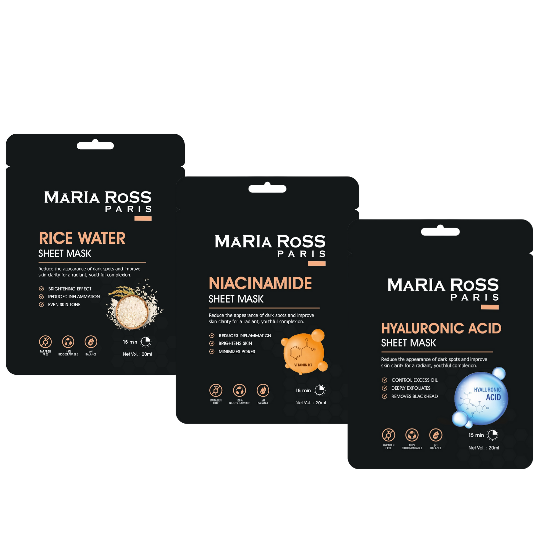 Combo Pack of 3 Sheet Masks: Rice Water Sheet Mask (200ml) + Niacinamide Sheet Mask (200ml) + Hyaluronic Acid Sheet Mask (200ml)-Maria Ross Paris