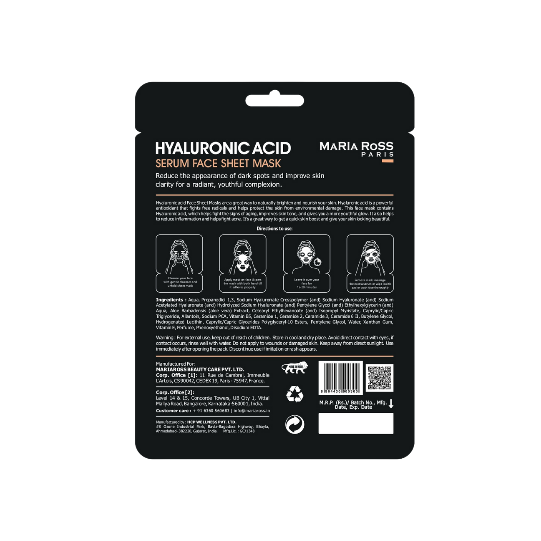 Combo Pack of 2: (200ml + 30ml) + Hyaluronic Acid Sheet Mask (200ml) + Hyaluronic Acid Face Serum (30ml)-Maria Ross Paris