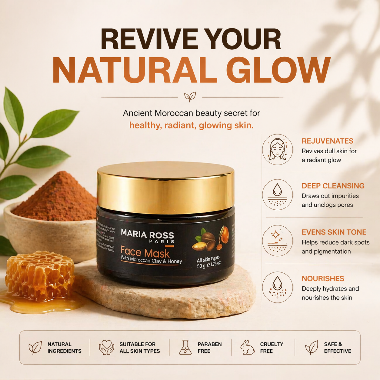 Face Mask with Moroccan Clay & Honey - 50 GM || Detoxifies Skin | Hydrates Deeply | Promotes Radiance