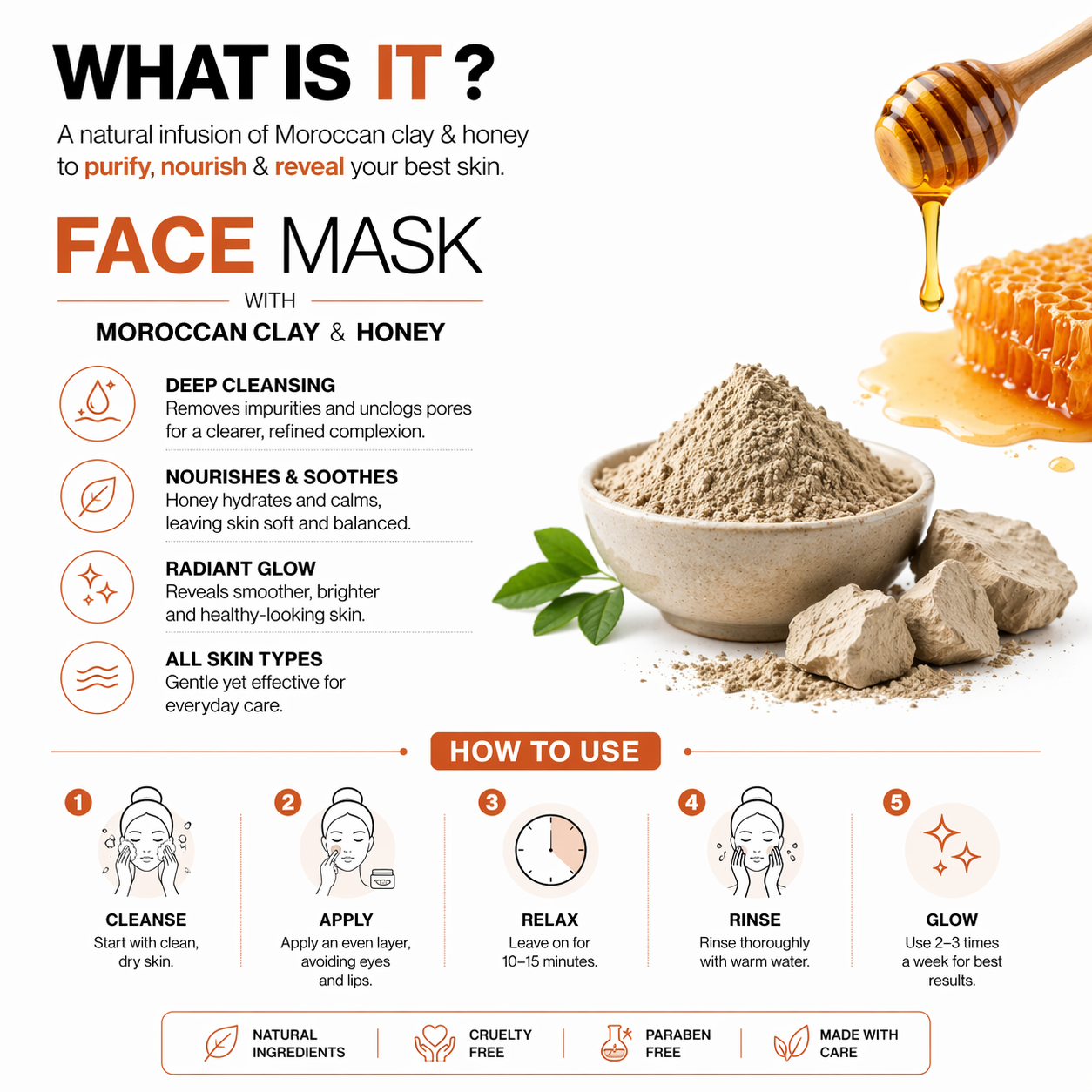 Face Mask with Moroccan Clay & Honey - 50 GM || Detoxifies Skin | Hydrates Deeply | Promotes Radiance