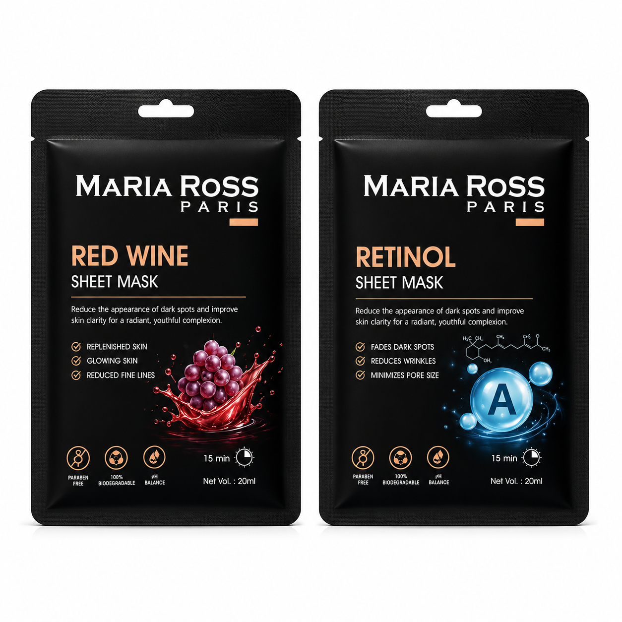 Combo Pack of 2 Sheet Masks: Red Wine Sheet Mask (200ml) + Retinol Sheet Mask (200ml)