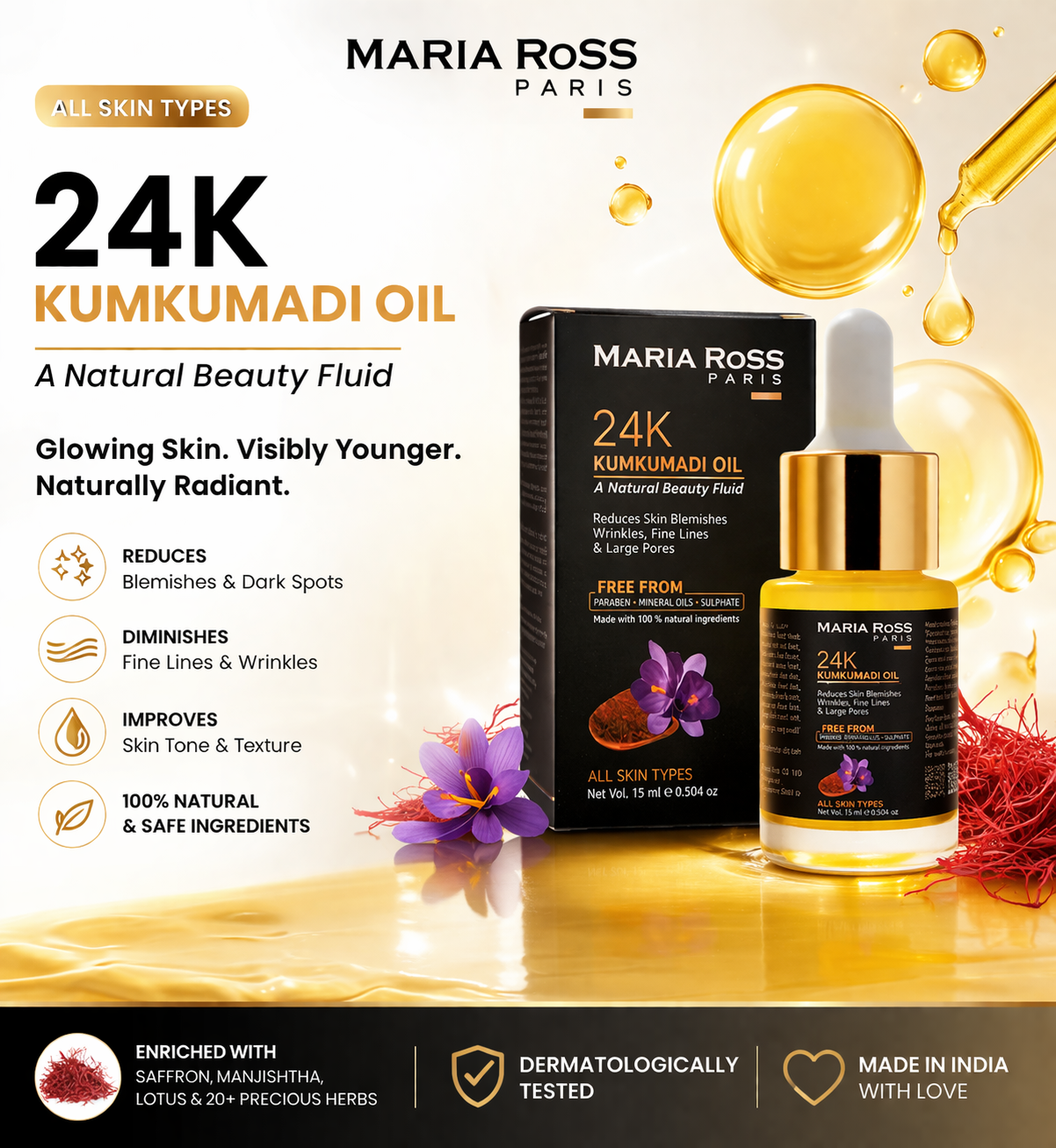 Kumkumadi Face Oil for Glowing Skin - 15 ML || Enhances Glow | Evens Skin Tone | Nourishes Deeply