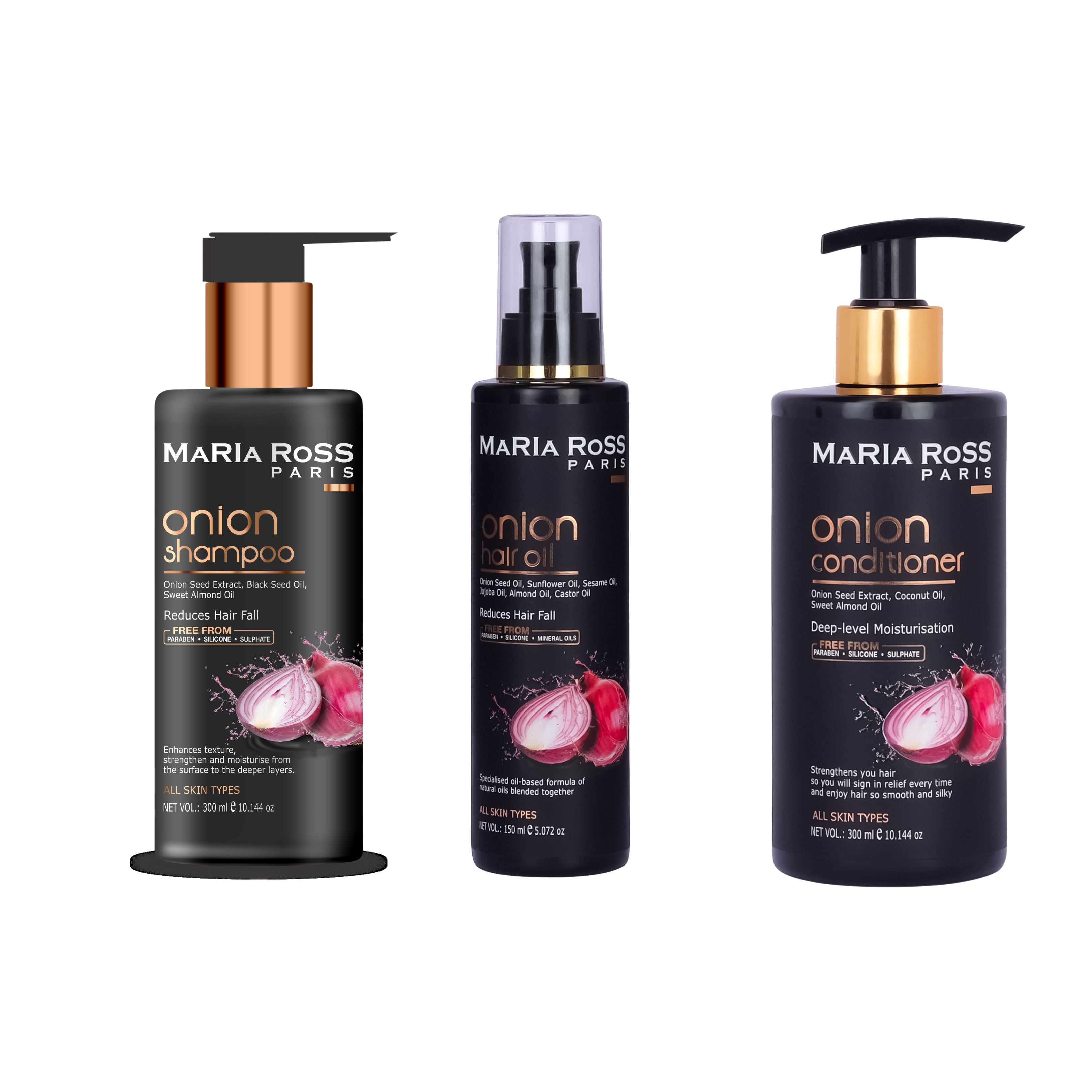 COMBO PACK OF 3 ONION HAIR OIL (300 ML) + ONION HAIR SHAMPOO(300ML) + ONION HAIR CONDITIONER (300ML) for HAIR FALL CONTROL || Complete Care | Strengthens | Reduces Breakage