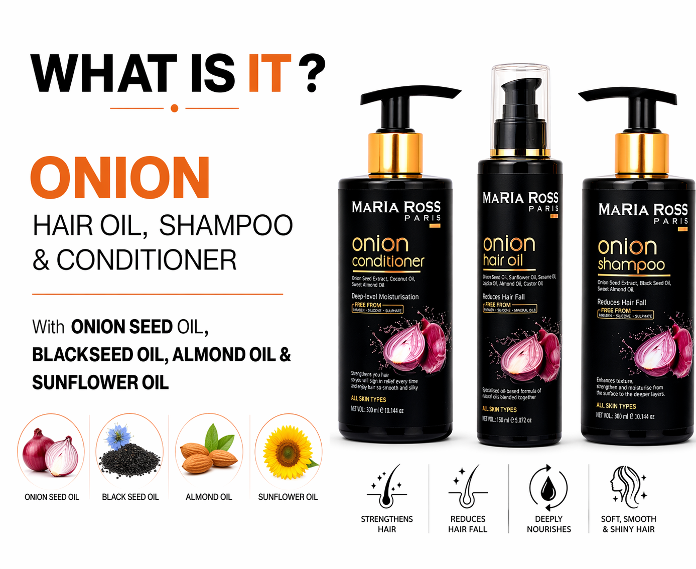 Onion Hair Care Combo – Oil, Shampoo & Conditioner Combo || Complete Hair Fall Control