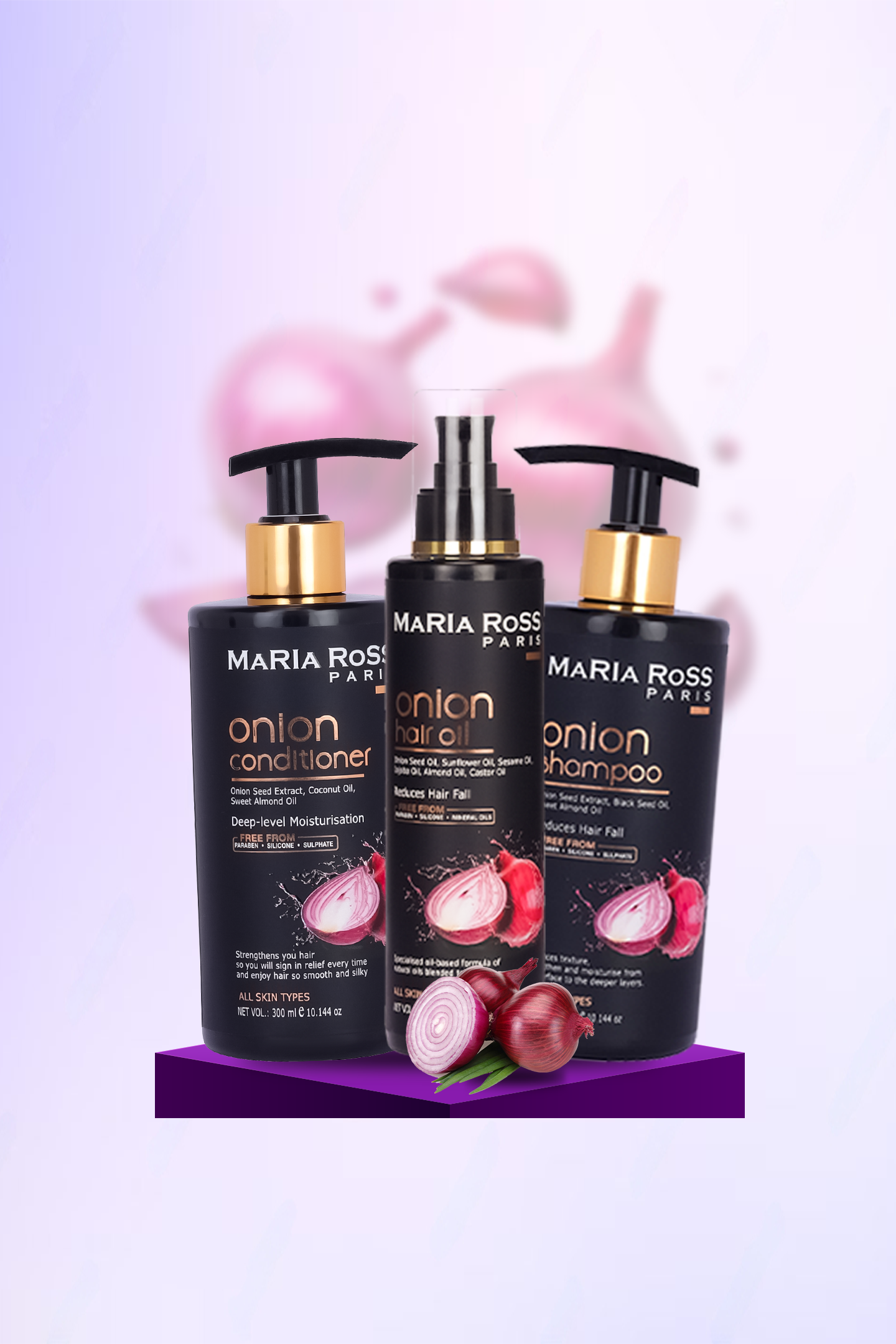 COMBO PACK OF 3 ONION HAIR OIL (300 ML) + ONION HAIR SHAMPOO(300ML) + ONION HAIR CONDITIONER (300ML) for HAIR FALL CONTROL || Complete Care | Strengthens | Reduces Breakage