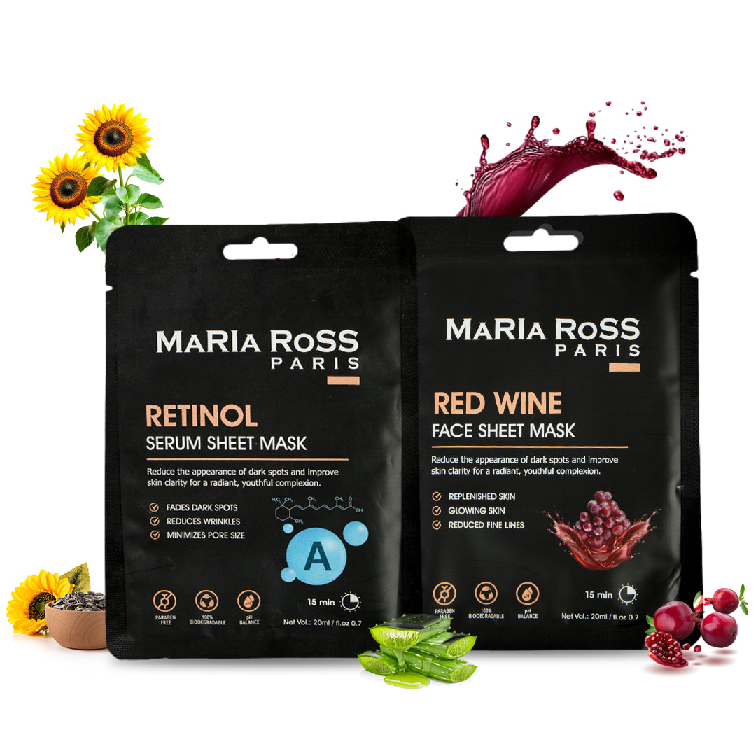 Combo Pack of 3 Sheet Masks: Vitamin-C Sheet Mask (200ml) + Red Wine Sheet Mask (200ml) + Retinol Sheet Mask (200ml)-Maria Ross Paris