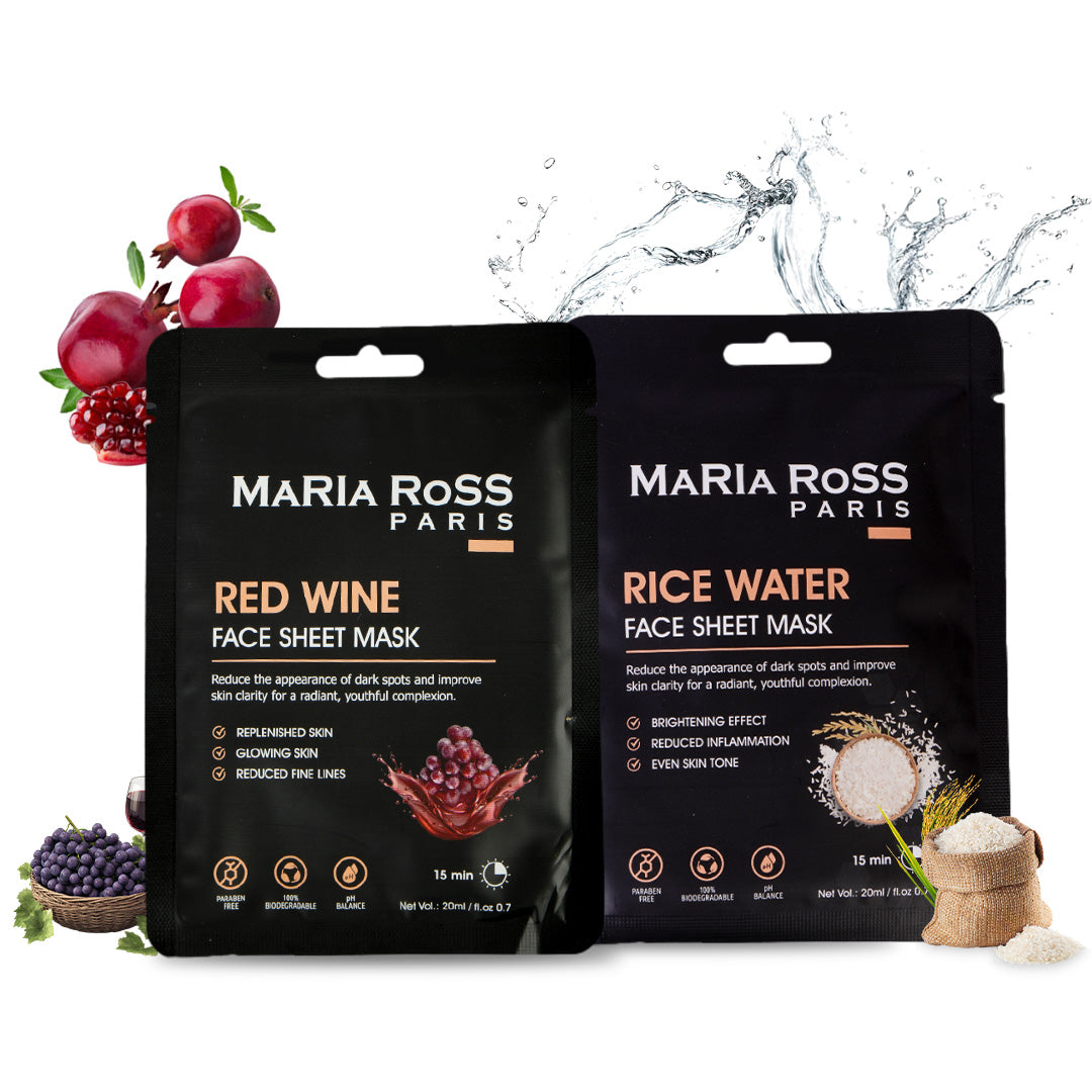Combo Pack of 2 Sheet Masks: Rice Water Sheet Mask (200ml) + Hyaluronic Acid Sheet Mask (200ml)-Maria Ross Paris