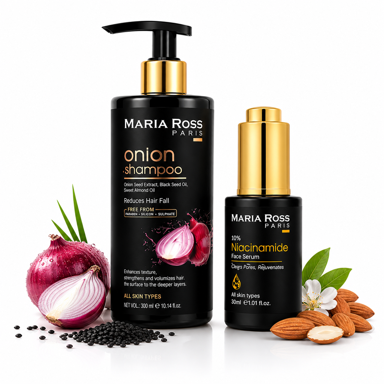 Maria Ross Onion Hair Fall Control Shampoo & Niacinamide 10% Face Serum Combo | Hair Strengthening & Oil Control Skincare | Anti Hair Fall Shampoo & Pore Minimizing Serum | Pack of 2