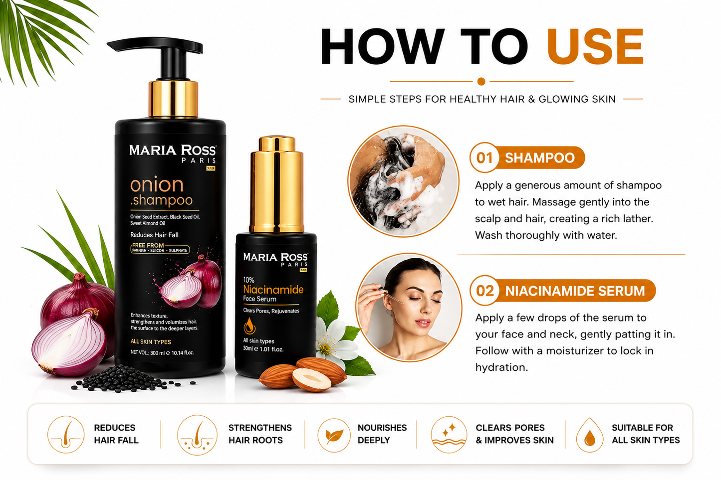 Maria Ross Onion Hair Fall Control Shampoo & Niacinamide 10% Face Serum Combo | Hair Strengthening & Oil Control Skincare | Anti Hair Fall Shampoo & Pore Minimizing Serum | Pack of 2