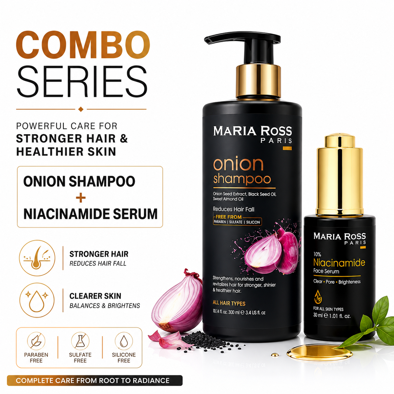 Maria Ross Onion Hair Fall Control Shampoo & Niacinamide 10% Face Serum Combo | Hair Strengthening & Oil Control Skincare | Anti Hair Fall Shampoo & Pore Minimizing Serum | Pack of 2