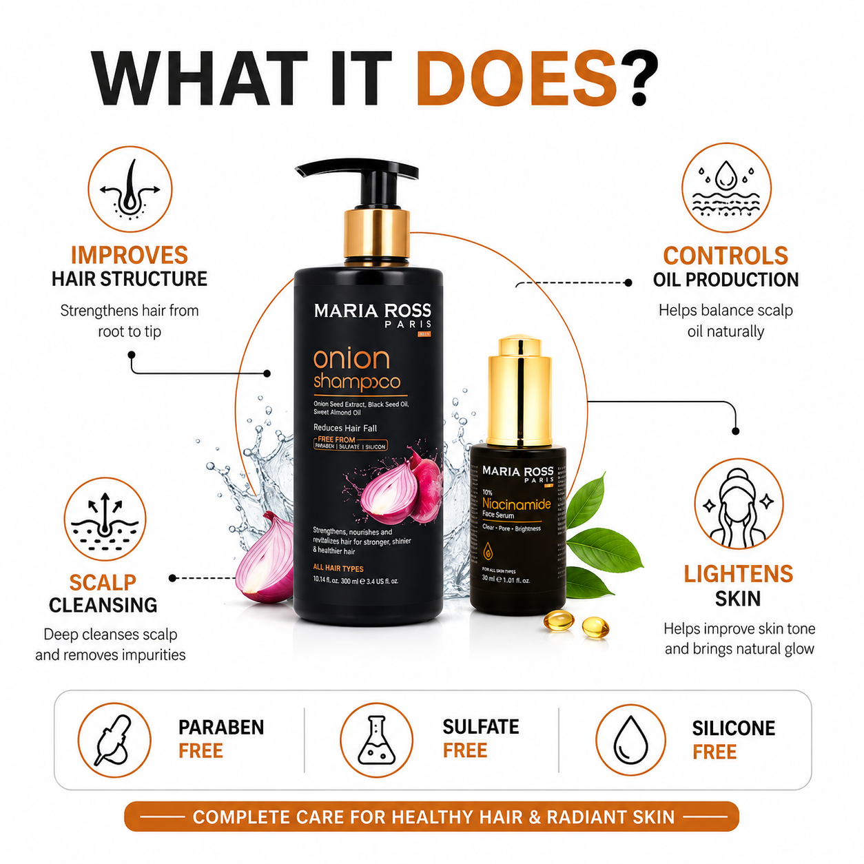 Maria Ross Onion Hair Fall Control Shampoo & Niacinamide 10% Face Serum Combo | Hair Strengthening & Oil Control Skincare | Anti Hair Fall Shampoo & Pore Minimizing Serum | Pack of 2