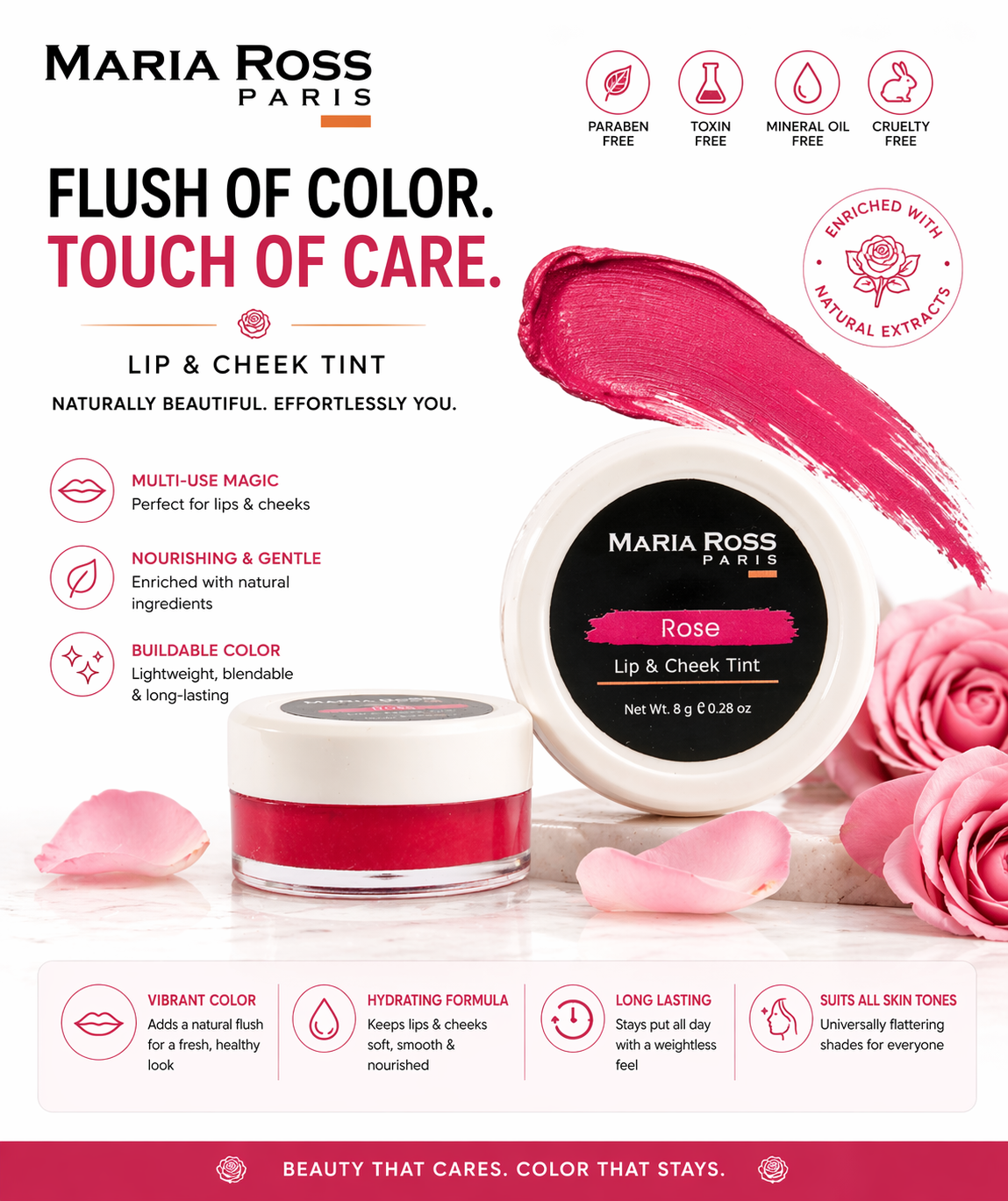 Rose Lips And Cheek Tint For Women - 8 GM || Natural Flush | Hydrates | Long-lasting Color