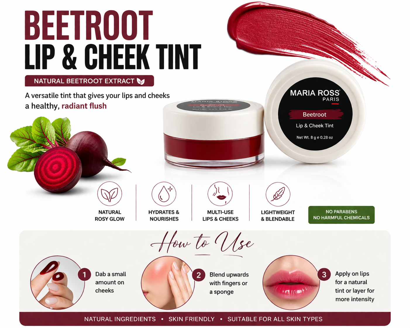 Beetroot Lips And Cheeks Tint For Women - 8 GM || Vibrant Color | Nourishing Formula | Easy Application
