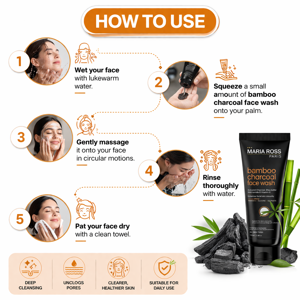 Bamboo Charcoal Face Wash for Deep Cleanse - 100 ML || Deep Cleans Pores | Removes Impurities | Refreshes Skin