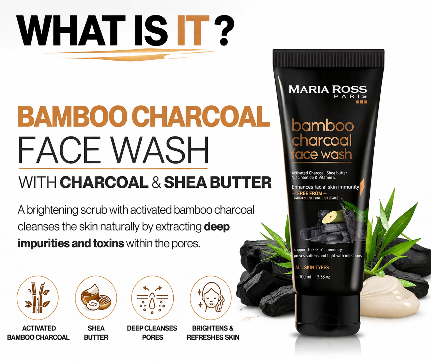 Bamboo Charcoal Face Wash for Deep Cleanse - 100 ML || Deep Cleans Pores | Removes Impurities | Refreshes Skin