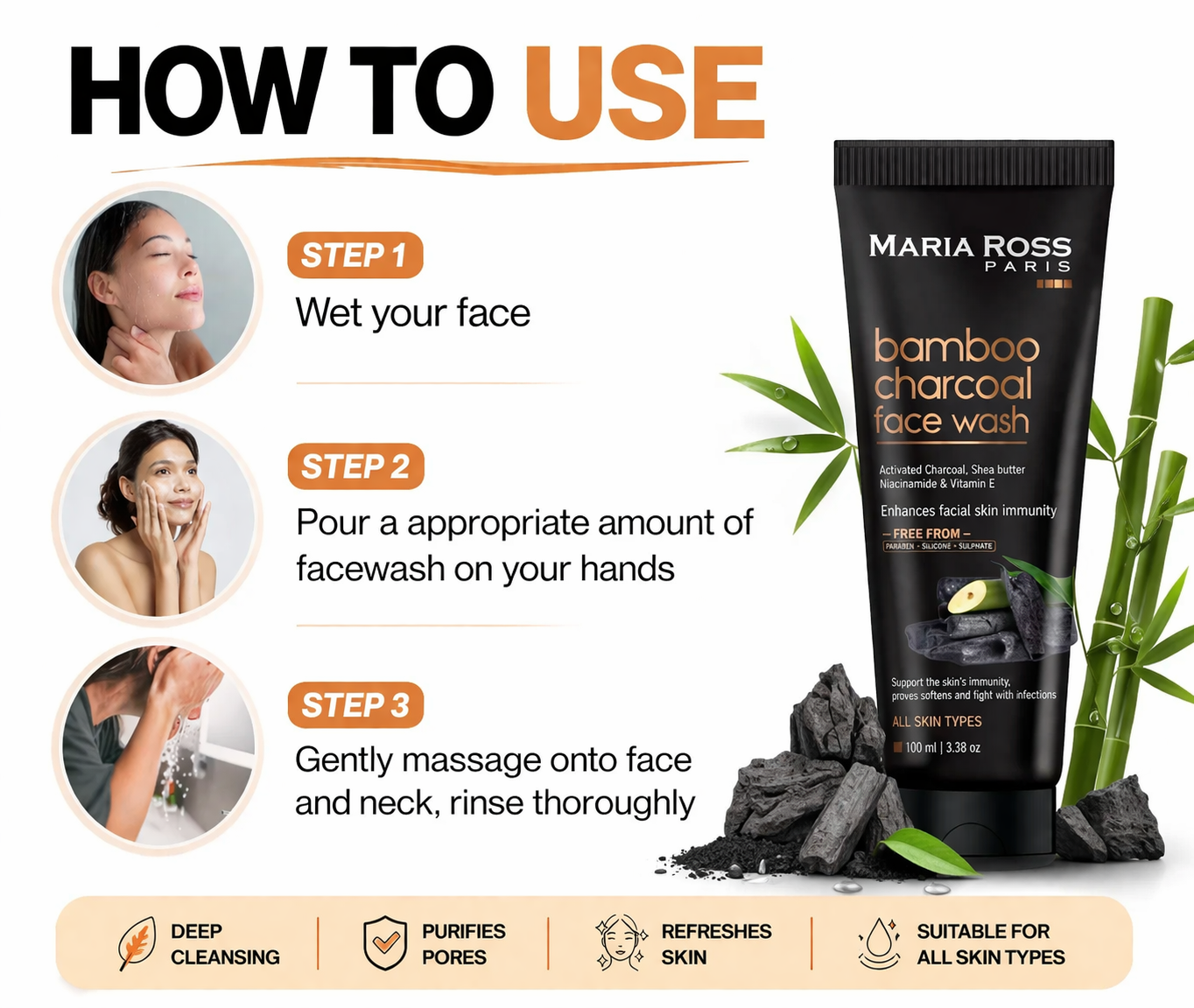 Bamboo Charcoal Face Wash for Deep Cleanse - 100 ML || Deep Cleans Pores | Removes Impurities | Refreshes Skin