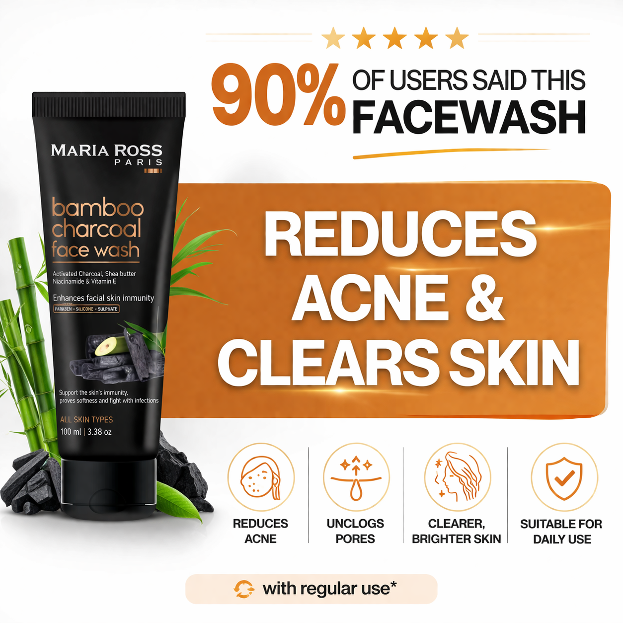 Bamboo Charcoal Face Wash for Deep Cleanse - 100 ML || Deep Cleans Pores | Removes Impurities | Refreshes Skin