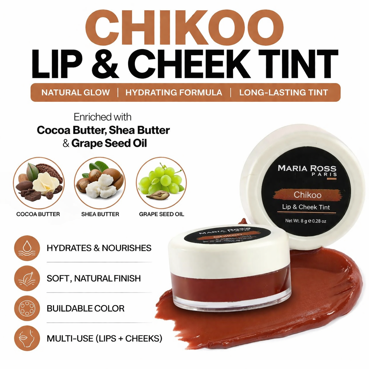 Chikoo Lips And Cheeks Tint For Women - 8 GM || Natural Glow | Flattering Tint | Hydrates Lips and Cheeks