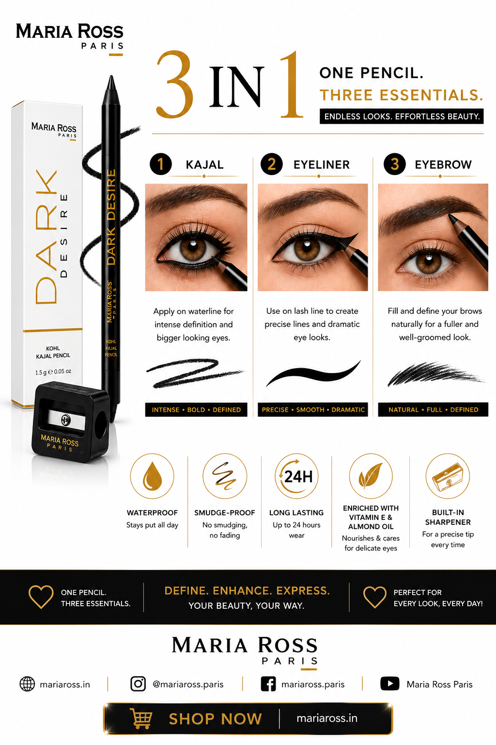 Maria Ross Dark Desire Kohl Kajal Pencil, (3-in-1) 1.5g   ,