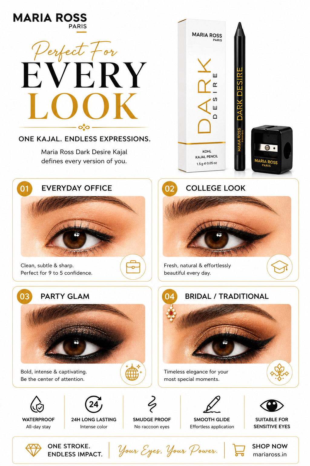 Maria Ross Dark Desire Kohl Kajal Pencil, (3-in-1) 1.5g   ,