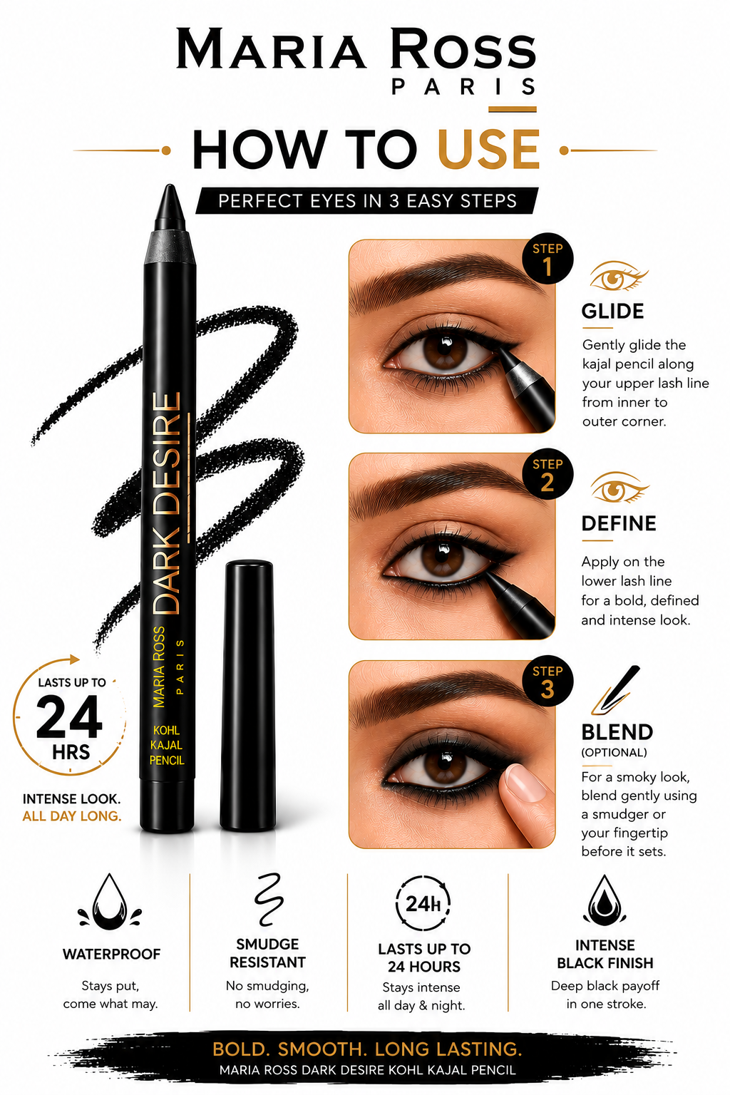 Maria Ross Dark Desire Kohl Kajal Pencil, (3-in-1) 1.5g   ,